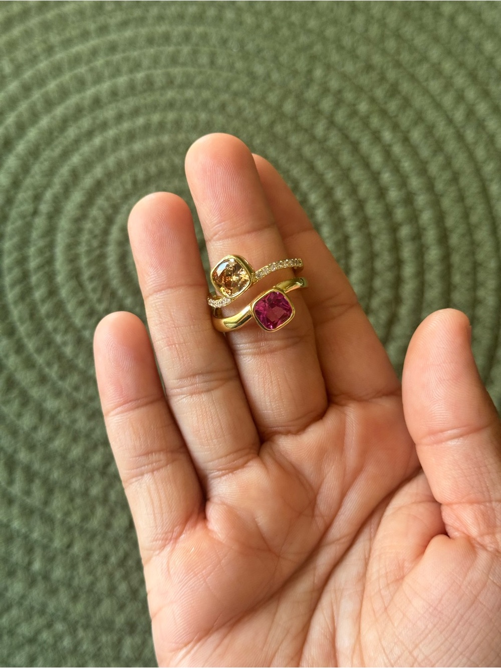 Gold Filled Double Ring with Pink and Champagne Zirconia Stones